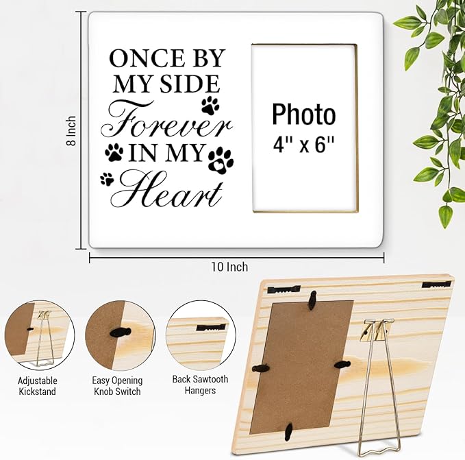 Dog Memorial Gifts Picture Frame, Pet Memorial Gifts for Dogs, Lost of Pet Sympathy Present, Once by My Side Forever in My Heart Wood Photo Frames with Paw Print, 4 x 6 Inch Photo