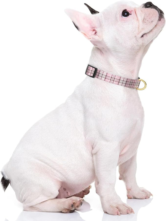 Rnivvi Dog Collar for Small Dogs, Cute Heavy Duty Adjustable Puppy Collar with Quick Release Buckle for Boy Girl & Female, Pet Accessories for Walking Running, XS Length 5/8" Width, Pink Tartan
