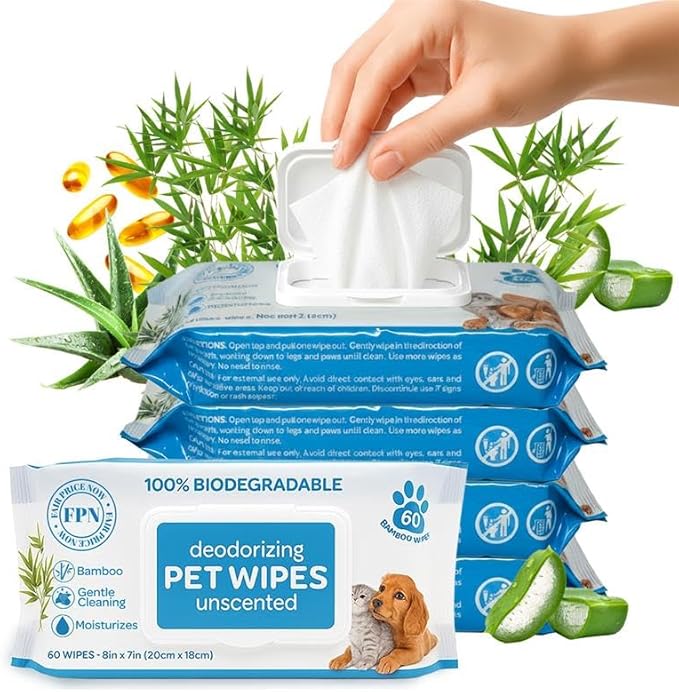 FPN Pet Wipes 240 Pcs – Unscented Bamboo Grooming Wipes for Dogs & Cats Cleaning – No Alcohol or No Harsh Chemicals – Soft – 7x8 in 60 x 4