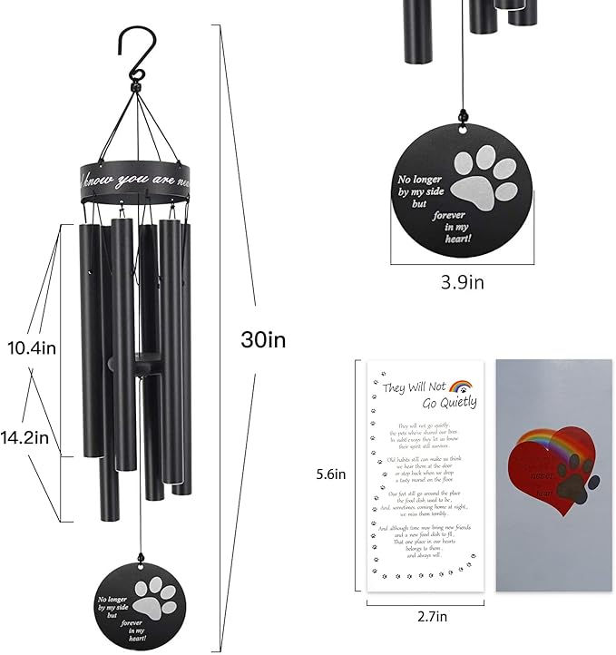 Pet Memorial Wind Chime, 30 Inches Paw Print Pet Remembrance Gift to Honor and Remember a Dog, Cat, or Other Pet, Premium Metal Wind Chime, Black