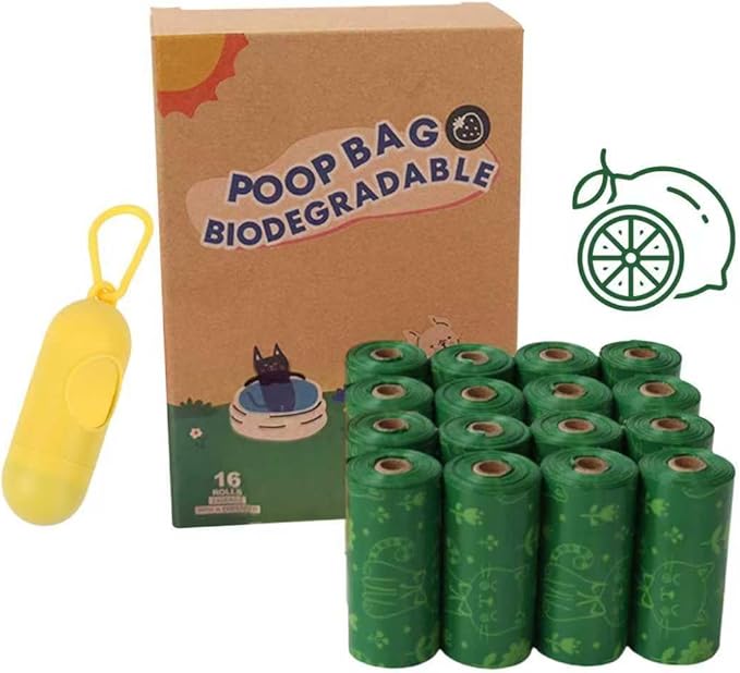 Biodegradable Dog Poop Bags Rolls with Pull-Ring Dispenser - 5 Fresh Scents, Large 9x13 Inch Plant-Based Bags, Leakproof & Easy Tear (Lemon Scent, Dark Green,240 Count, 16 Rolls)