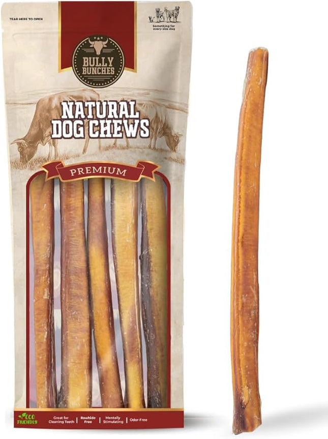 Bully Bunches Premium 12 Inch Thick Odor-Free Bully Sticks for Medium & Large Dogs - Long Lasting Chews for Oral Care - All Natural & Single Ingredient, 100% Beef Dog Treat, Rawhide Free (5 Pk)