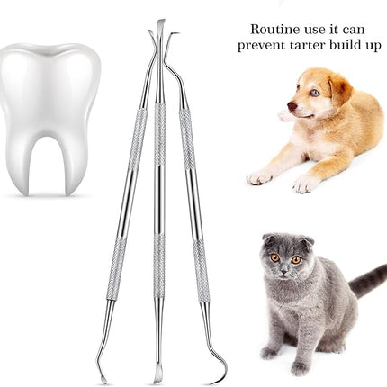 Hotop 3 Pieces Dog Dental Tooth Scaler and Scraper Stainless Double Headed Tarter Removing Tool Scraper Pet Teeth Cleaning Tools for Dog and Cat (Silver)