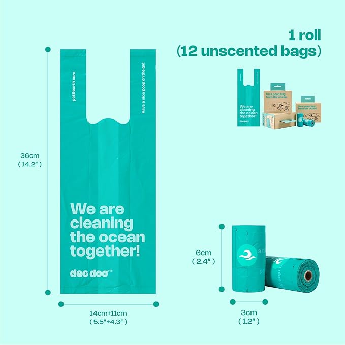 Dog Poop Bags with Handles 100% PCR from Ocean 12 Rolls 144 Counts Big Sizes Leak Proof and Extra Thick Waste Bags Refill Rolls for Walking Small Medium Large Dogs Cats Litter Unscented
