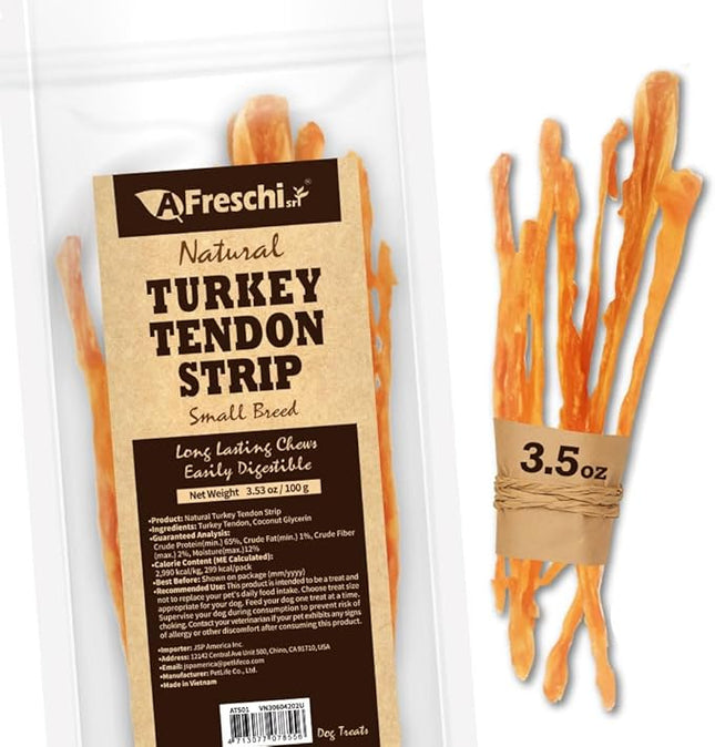 A Freschi srl Turkey Tendons for Dogs, USA-Sourced, Healthy Dog Treats, Rawhide-Free Puppy Chews, Long Lasting, All Natural, Hypoallergenic Dog Treats for Small Breeds, 3.53 oz Pack Strips