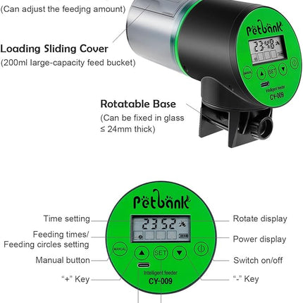 Automatic Fish Feeder for Aquariums - Rechargeable Auto Fish Food Dispenser Timer Feeder with USB Charger Cable，LCD Screen, Customized Schedule