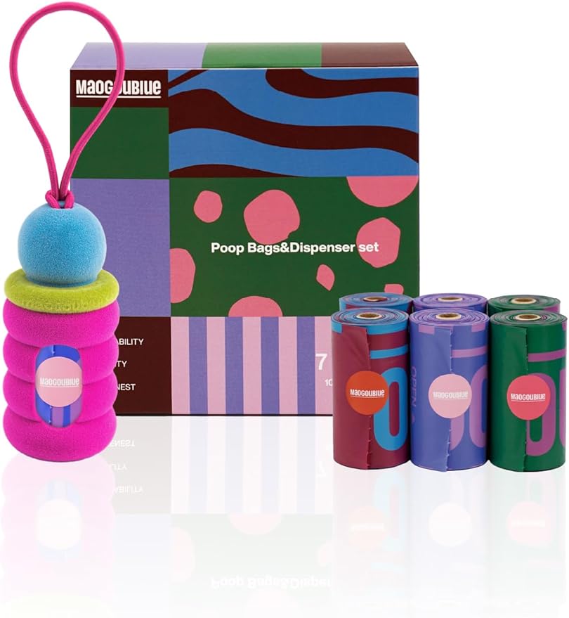 Dog Poop Bags with Dispenser, Leak Proof and Extra Thick Pet Waste Bags for Walking Dog and Cats Litter (Pink Fuzz-7 Rolls(105 Bags))