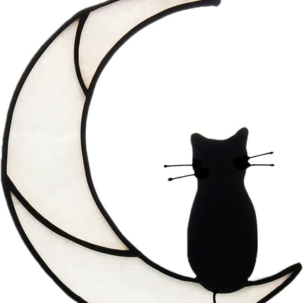 Black Cat On White Moon Stained Glass Window Hangings Ornament,Cat Memorial Gifts, Themed Gifts for Cats Lovers