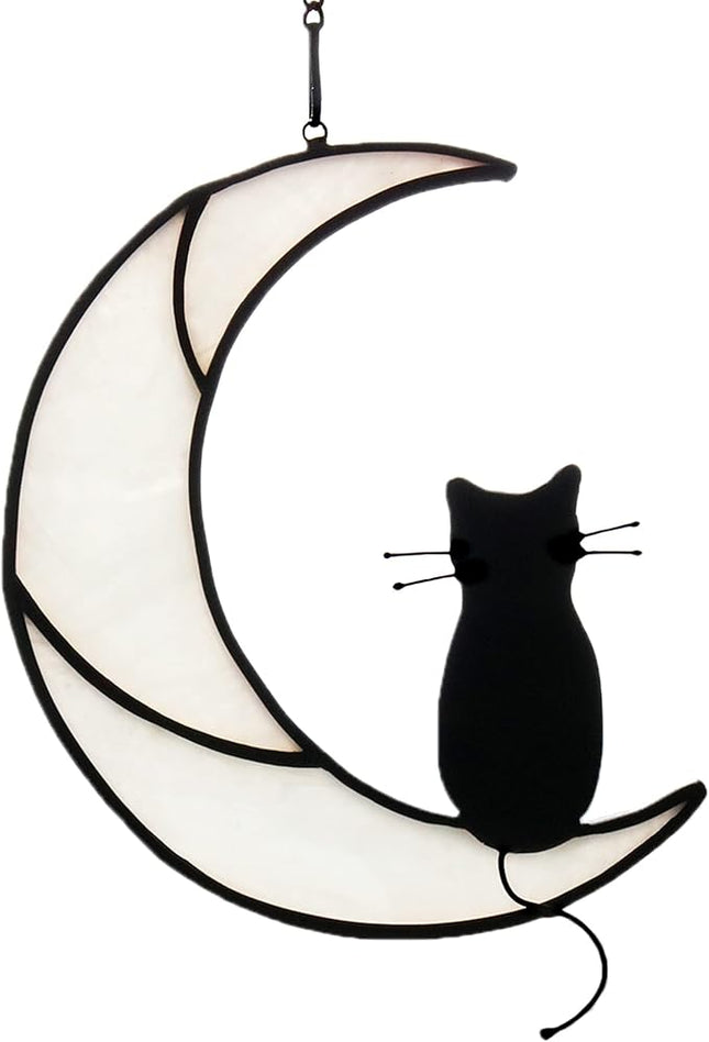 Black Cat On White Moon Stained Glass Window Hangings Ornament,Cat Memorial Gifts, Themed Gifts for Cats Lovers
