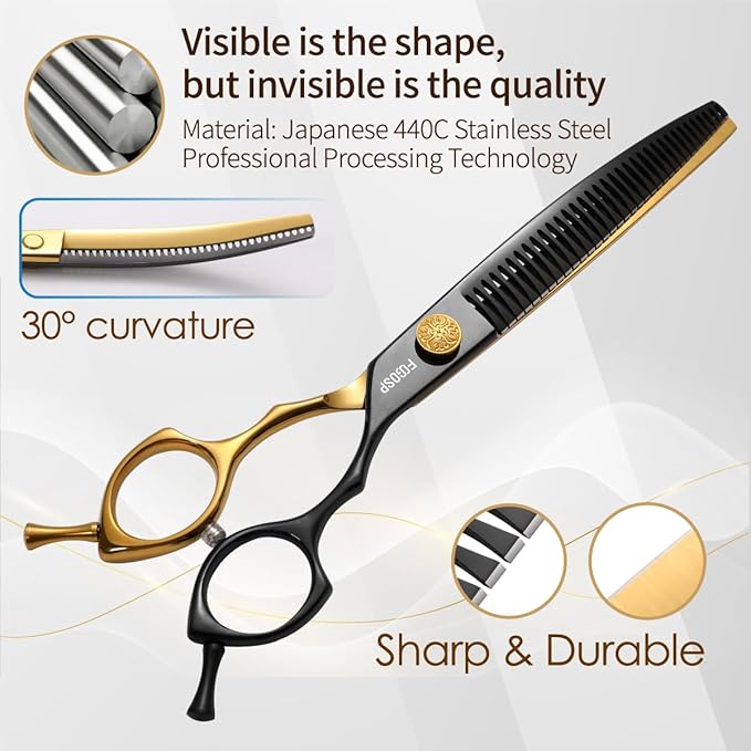 Curved Chunkers Shears Dog Grooming 7.5 in Black & Gold Two Color Professional Curved Thinning Shears for Dog Grooming 35 Teeth Japan 440C 62HRC