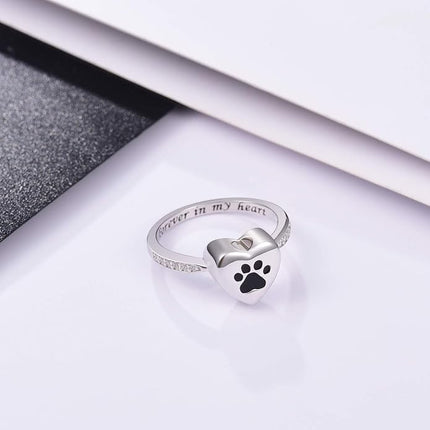 925 Sterling Silver Love Heart Urn Ring for pet Dog Cat's Ashes Keepsake Memorial Tiny Jewelry Forever in My Heart Paw Print Cremation Finger Rings