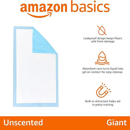 Amazon Basics Leakproof Dog and Puppy Pee Pads with 5-Layer Quick-Dry Surface for Potty Training, Standard Absorbency, Giant, 27.5 x 44Inch, Pack of 40, Blue & White