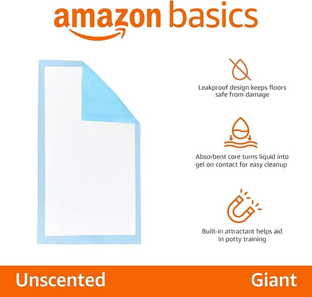 Amazon Basics Leakproof Dog and Puppy Pee Pads with 5-Layer Quick-Dry Surface for Potty Training, Standard Absorbency, Giant, 27.5 x 44Inch, Pack of 40, Blue & White