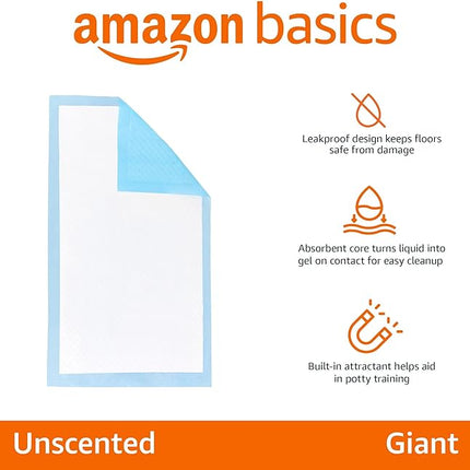 Amazon Basics Absorbent Dog and Puppy Pee Pads with 5-Layer Leak-Proof Design and Quick-Dry Surface for Potty Training, Heavy Duty Absorbency, Giant, 27.5 x 44 Inch - Pack of 30, Blue & White