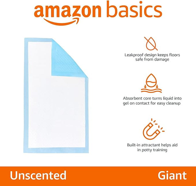 Amazon Basics Absorbent Dog and Puppy Pee Pads with 5-Layer Leak-Proof Design and Quick-Dry Surface for Potty Training, Heavy Duty Absorbency, Giant, 27.5 x 44 Inch - Pack of 30, Blue & White