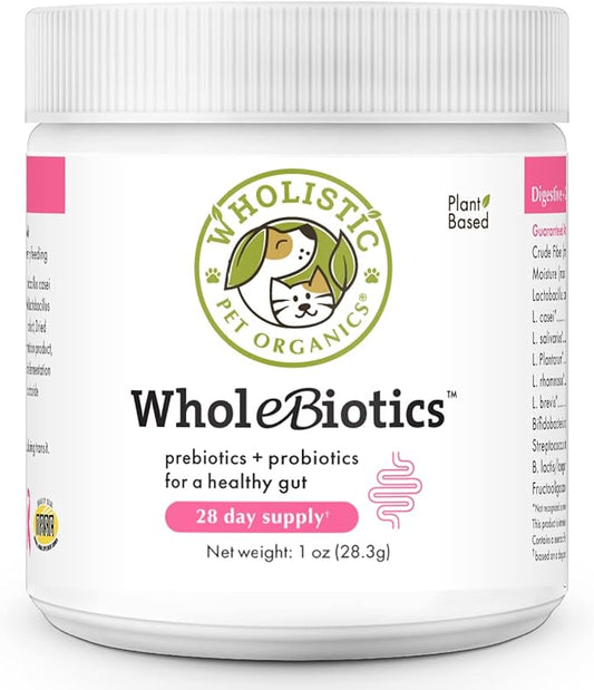 Wholistic Pet Organics WholeBiotics - Daily Dog Probiotics for Digestive Health Support & Immune Boost - 9 Strains - Prebiotics & Probiotics for Dogs & Cats - Gut Health for Dogs - 1 Oz - 28 Scoops