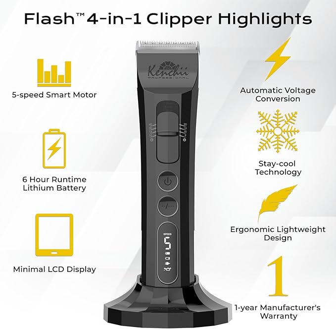 Kenchii Flash Dog Clippers for Grooming - 4-in-1 Digital Cordless Dog Grooming Clippers - Precision Pet Grooming Trim, Shape, and Style Effortlessly, Pearl Black