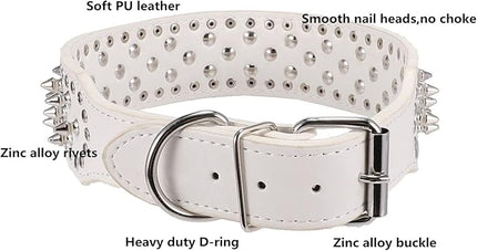 Hoot PU Leather Adjustable Spiked Studded Dog Collar 2" Wide 43 Spikes (L(Neck 21"-24"), White)