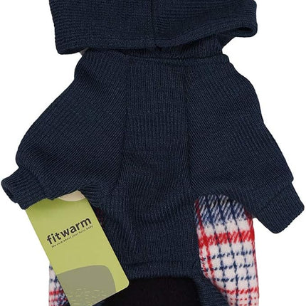 Fitwarm Tartan Plaid Dog Hoodie, Knitted Dog Clothes for Small Dogs Boy, Pet Sweater with Hood, Cat Fleece Lined Winter Outfit, Red, Navy Blue, XS