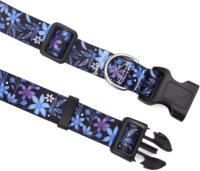 Dog Collar and Leash Set with Bohemia Floral Tribal Geometric Patterns - Soft Ethnic Style Collar Adjustable for Small Medium Large Dogs(Blue Floral Set,M)