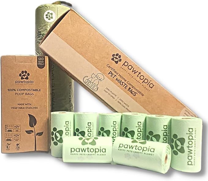 Pet Waste Bag Duo - 120 Standard Sized-Dog Poop Bags (8 rolls) + 100 Extra Large Cat Litter Bag with Handles (1 single roll), Vegetable Starches, Tuv Austria, Leak-Proof, Yard Pickup