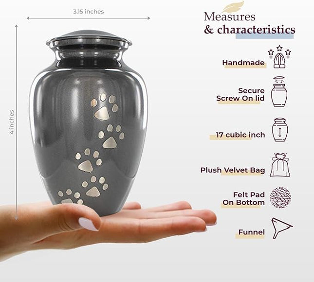 Trupoint Memorials Small Pet Urn for Dogs and Cats Ashes, Paws Print Grey Cremation Urns for Pets up to 17 lbs