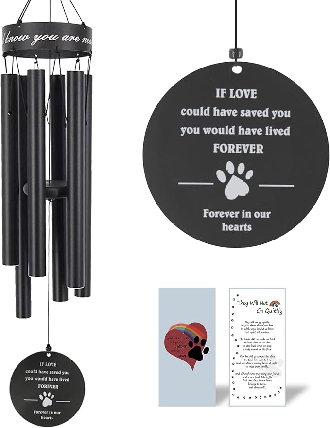 Pet Memorial Wind Chime, 30 Inches Paw Print Pet Remembrance Gift to Honor and Remember a Dog, Cat, or Other Pet, Premium Metal Wind Chime, Black