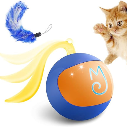 Migipaws Interactive Cat Ball Toy Set, Fun Tracker, Automatic Rolling Chase Ball with Fluffy Tail, A Small Mice, Rechargeable (Blue)