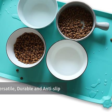 Hoki Found L Silicone Non Slip Pet Food Mats - Cat & Dog Bowl Placemats - Waterproof Feeding Mats for Carpet - Cool Mint