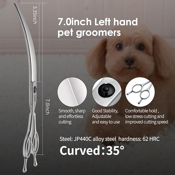 Professional Left Handed Curved Dog Grooming Scissors for Lefty Groomers 35° Arc Grooming Shears for Dogs Pet Cat Japanese 440C Sharp and Durable(7.0 in,Lefty)