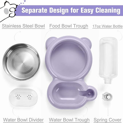 Dog Bowls, Cat Food and Water Bowl Set with Water Dispenser and Stainless Steel Bowl for Cats and Small Dogs - Purple