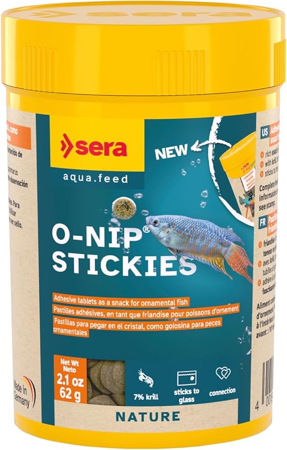 Sera O-Nip Stickies 100 Tabs 2.1 oz | Complete Feed for All Ornamental Fish | Adhesive Tablets Stick to The Aquarium Glass | High Protein | No Dyes & Preservatives | with Bloodworms, Krill & Tubifex