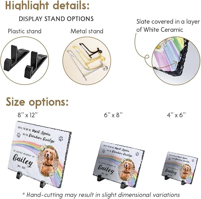 Rainbow Bridge Dog Memorial Gifts for Loss of Dogs - Custom Slate Stone in Loving Memory of Cat, Grave Marker to Decor Bereavement, Engraved Paw Prints on Pet Lovers' Hearts