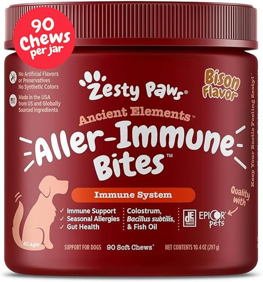 Zesty Paws Dog Allergy Relief - Anti Itch Supplement - Omega 3 Probiotics for Dogs - Digestive Health - Soft Chews for Skin & Seasonal Allergies - with Epicor Pets - Bison - 90ct