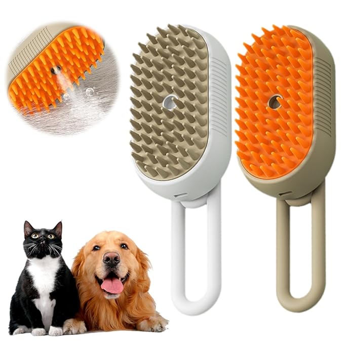 2025 New Pet Steam Groomer Brush, 3 in 1 Cat Steam Brush for Massaging and Cleaning Shedding Hair, Upgrade Pet Steam Groomer Comb Multifunctional Hair Removal Comb for Cats Dogs (White & Khaki)
