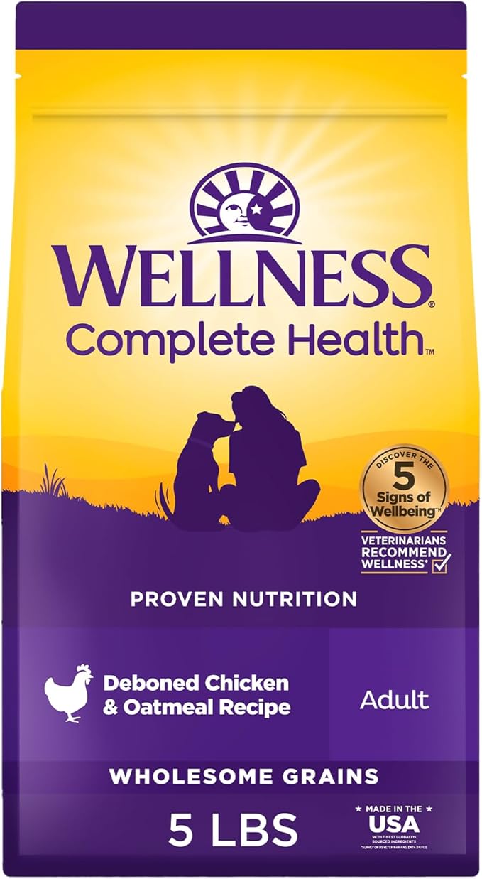 Wellness Complete Health Dry Dog Food with Grains, Natural Ingredients, Made in USA with Real Meat, All Breeds, For Adult Dogs (Chicken & Oatmeal, 5-Pound Bag)
