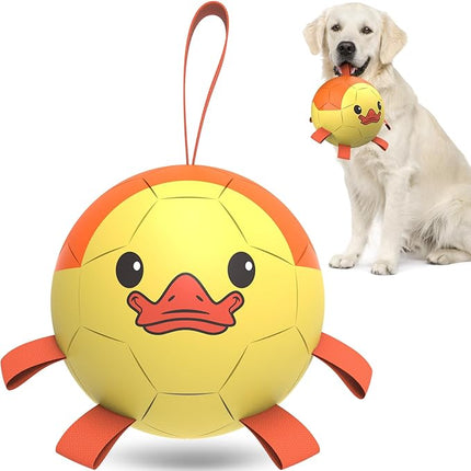 QDAN Dog Toys Soccer Ball with Straps, Interactive Dogs Toys for Tug of War, Puppy Birthday Gifts, Dogs Tug Toy, Dog Water Toy, Durable Dog Balls for Medium & Large Dog - Duck（8 Inch）