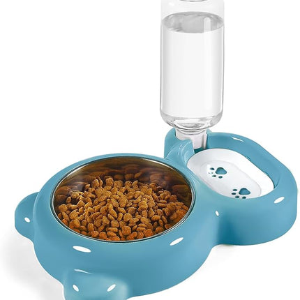Dog Bowls, Cat Food and Water Bowl Set with Water Dispenser and Stainless Steel Bowl for Cats and Small Dogs - Blue