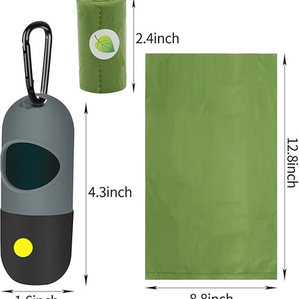 2 Pack Dog Poop Bag Dispenser with Built-in LED Flashlight, Pet Waste Bag Holder for Leash with Carabiner Clip for Lead Leash, 2 Rolls Leak-proof Doggy Waste Bags for Dog Walking, Grey