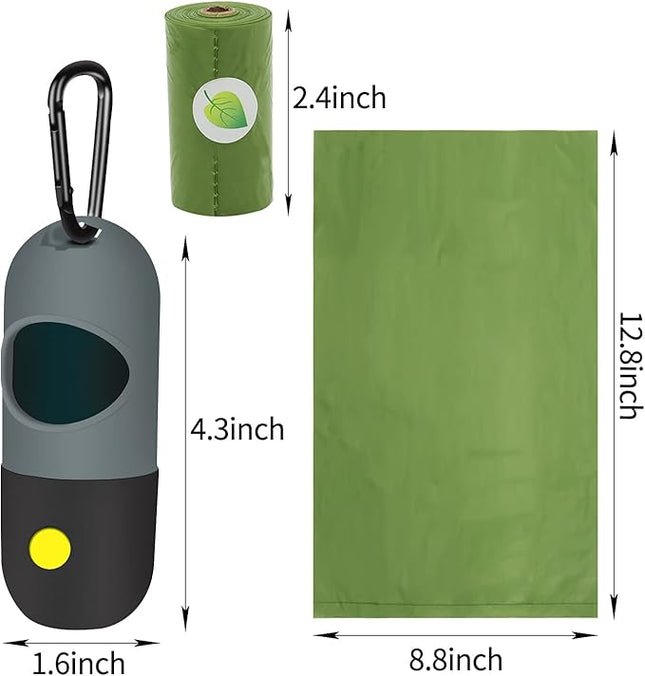 2 Pack Dog Poop Bag Dispenser with Built-in LED Flashlight, Pet Waste Bag Holder for Leash with Carabiner Clip for Lead Leash, 2 Rolls Leak-proof Doggy Waste Bags for Dog Walking, Grey