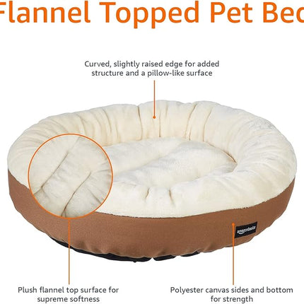 Amazon Basics Round Bolster Pet Bed for Dog or Cat with Flannel Top, 20.0" L x 20.0" W x 8.0" Th, Brown and Ivory