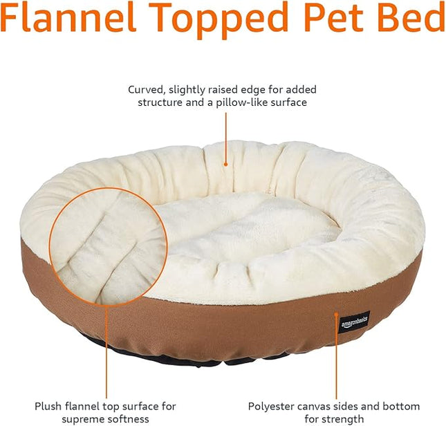 Amazon Basics Round Bolster Pet Bed for Dog or Cat with Flannel Top, 20.0" L x 20.0" W x 8.0" Th, Brown and Ivory (Pack of 6)