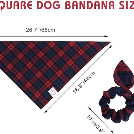 E-Clover Christmas Red Dog Bandanas & Matching Scrunchie Set Plaid Dog Scarf Bibs for Medium Large Dogs Girl Boy Pet Owner Gift Blue