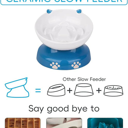 Y YHY Ceramic Slow Feeder Cat Bowl, Elevated Cat Bowl Tilted Design Slow Feeder for Dog and Cat for Dry and Wet Food, Blue