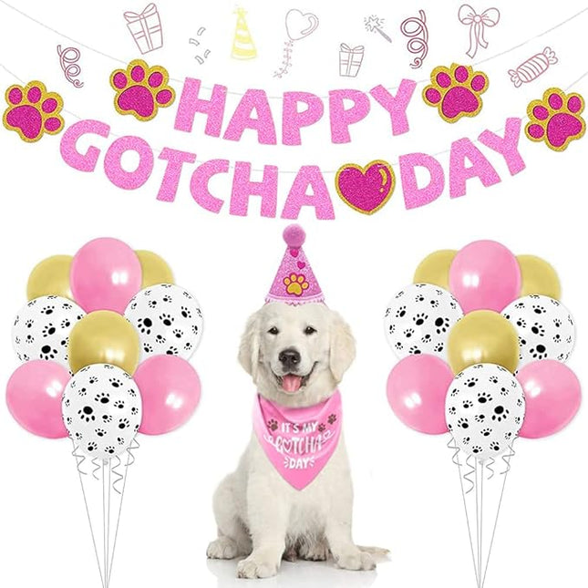 Happy Gotcha Day Dog Bandana- Dog Birthday Party Supplies Boy Girl Gotcha Day Triangle Scarf with Hat Banners Balloons It’s My Gotcha Day Bibs Adoption Party Decor for Small Large Dogs-Pink