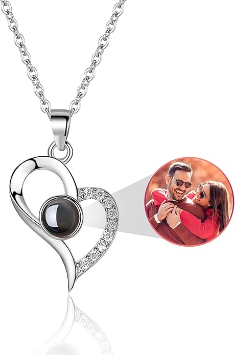 Easycosy Personalized Picture Necklace Projection Necklace with Photo Inside - Custom Photo Heart Pendant Necklace - Photo Gifts Valentines Birthday Love Memorial Gifts for Girlfriend Wife Women