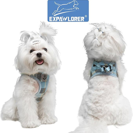 EXPAWLORER Classic Plaid Puppy Harness - Small Dog Collar and Leash with AirTag Holder Case - Soft Mesh Padded Adjustable Dog Vest Harness No Pull, Reflective Escape Proof for Outdoor, Blue XS