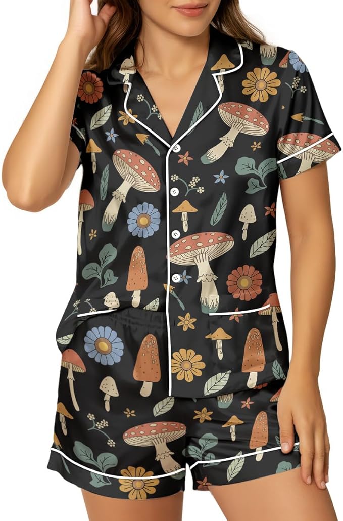 Women’s Silk Satin Pajama Set, Short Sleeve Button Down 2 Piece PJs with Shorts, Cozy Loungewear & Matching Holiday Pajamas