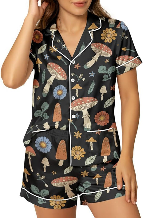 Women’s Silk Satin Pajama Set, Short Sleeve Button Down 2 Piece PJs with Shorts, Cozy Loungewear & Matching Holiday Pajamas