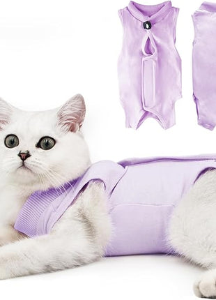Cat Recovery Suit for Male and Female Surgical Post Surgery Soft Cone Onesie Shirt Clothes Neuter Licking Protective Diapers Outfit Cover Kitten Spay Collar(L, Purple)